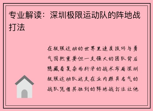 专业解读：深圳极限运动队的阵地战打法