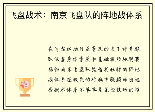 飞盘战术：南京飞盘队的阵地战体系